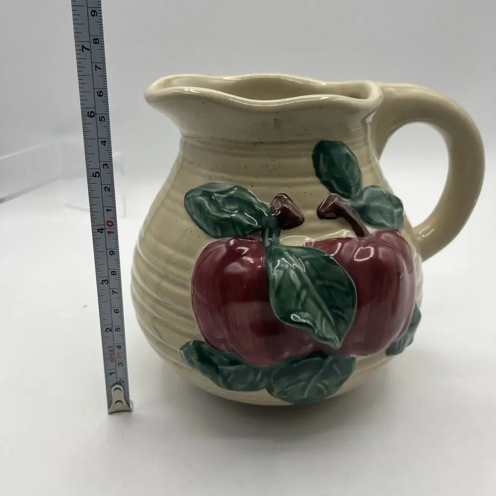 Pitcher & 2 Salt Pepper Shaker 3D Apple & Leaves Green Red Beige Ceramic pre-own